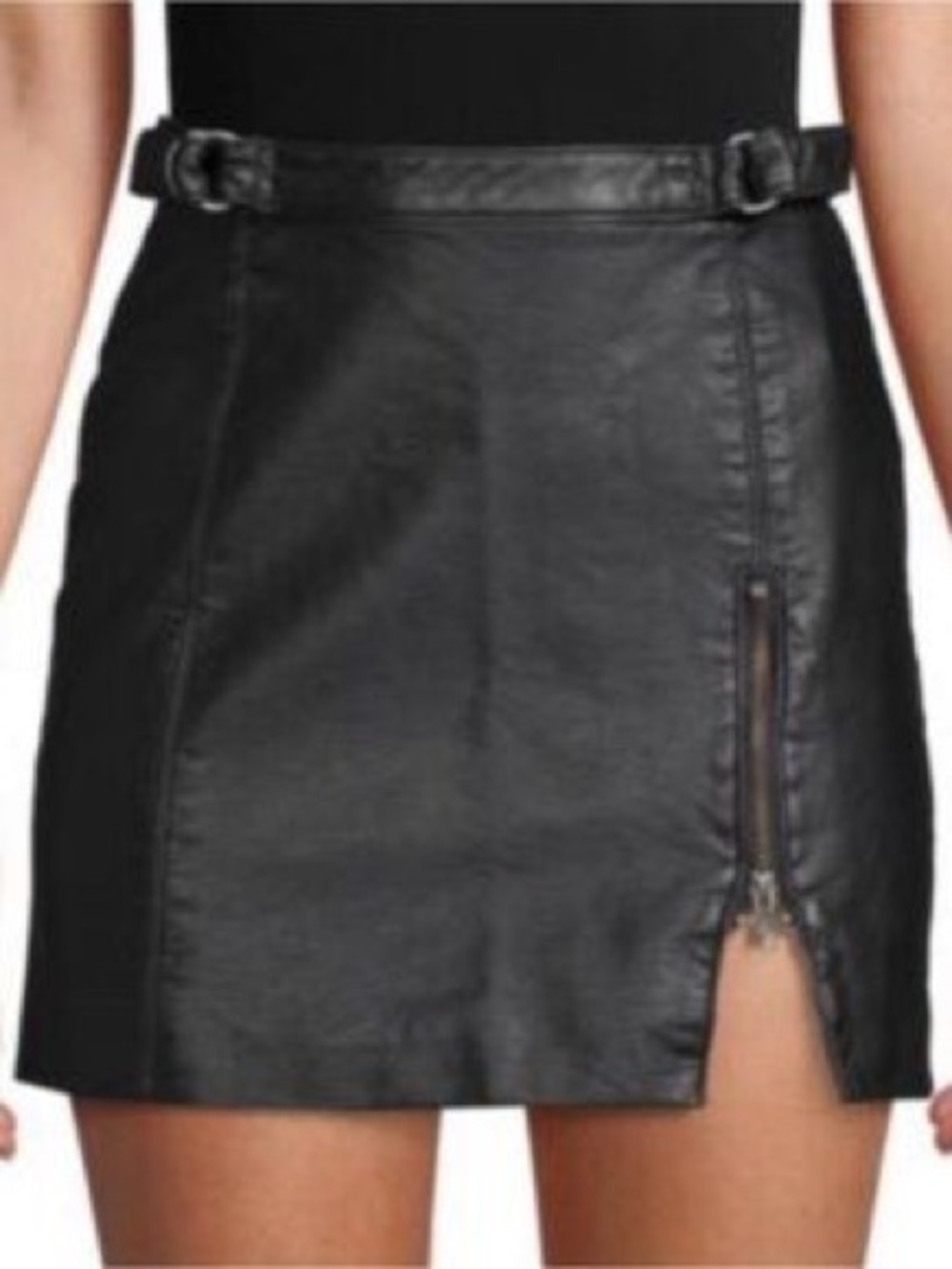 Free People Black Vegan Leather Mini Skirt Side Zip Slit Buckle Detail Size 2